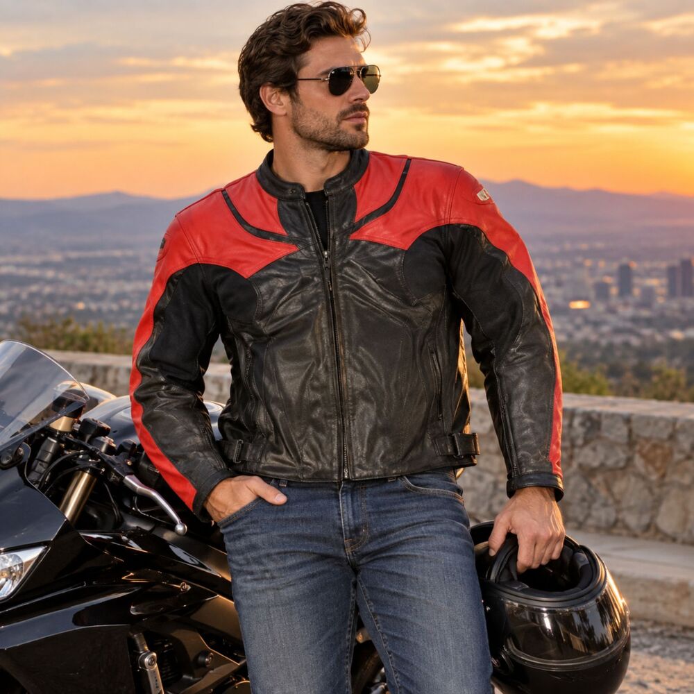 Motorcycle Leather Jacket First Racing Red Black Biker Racing Moto Mens XL